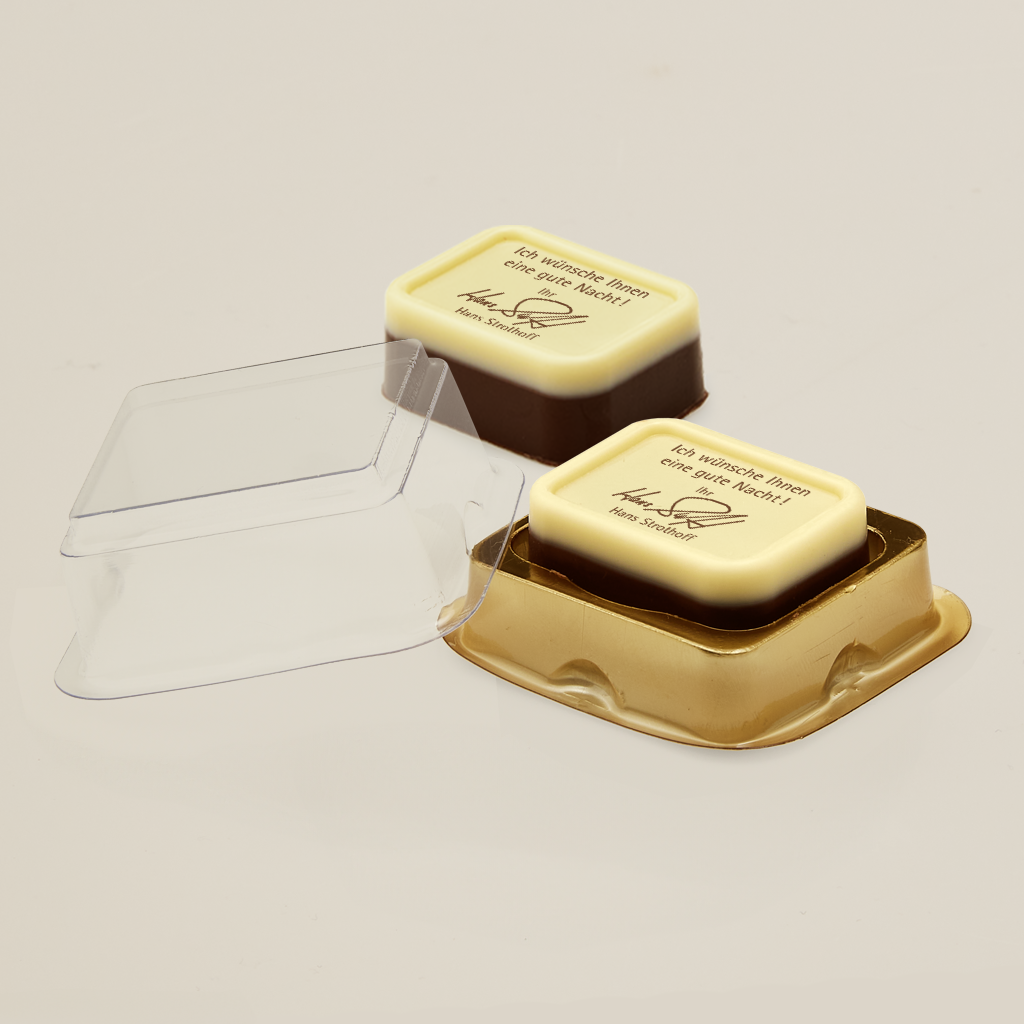 Bedruckte Praline 15 g in Goldblister Box