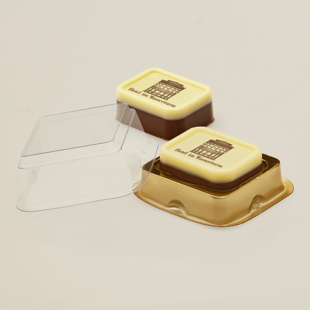 Bedruckte Praline 15 g in Goldblister Box